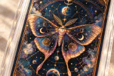 Gros plan simulé du papillon cuivré et des motifs célestes sur la carte fictive Astre.