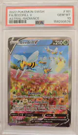 Face de la carte Beedrill V 161/189 : plusieurs Pokémon volent au-dessus de fleurs ; l’étiquette du boîtier affiche PSA GEM MT 10 et 158290578.